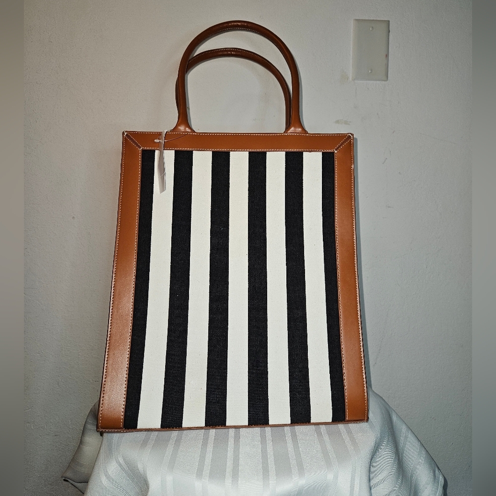 Striped Canvas Tote with Tan Leather Trim